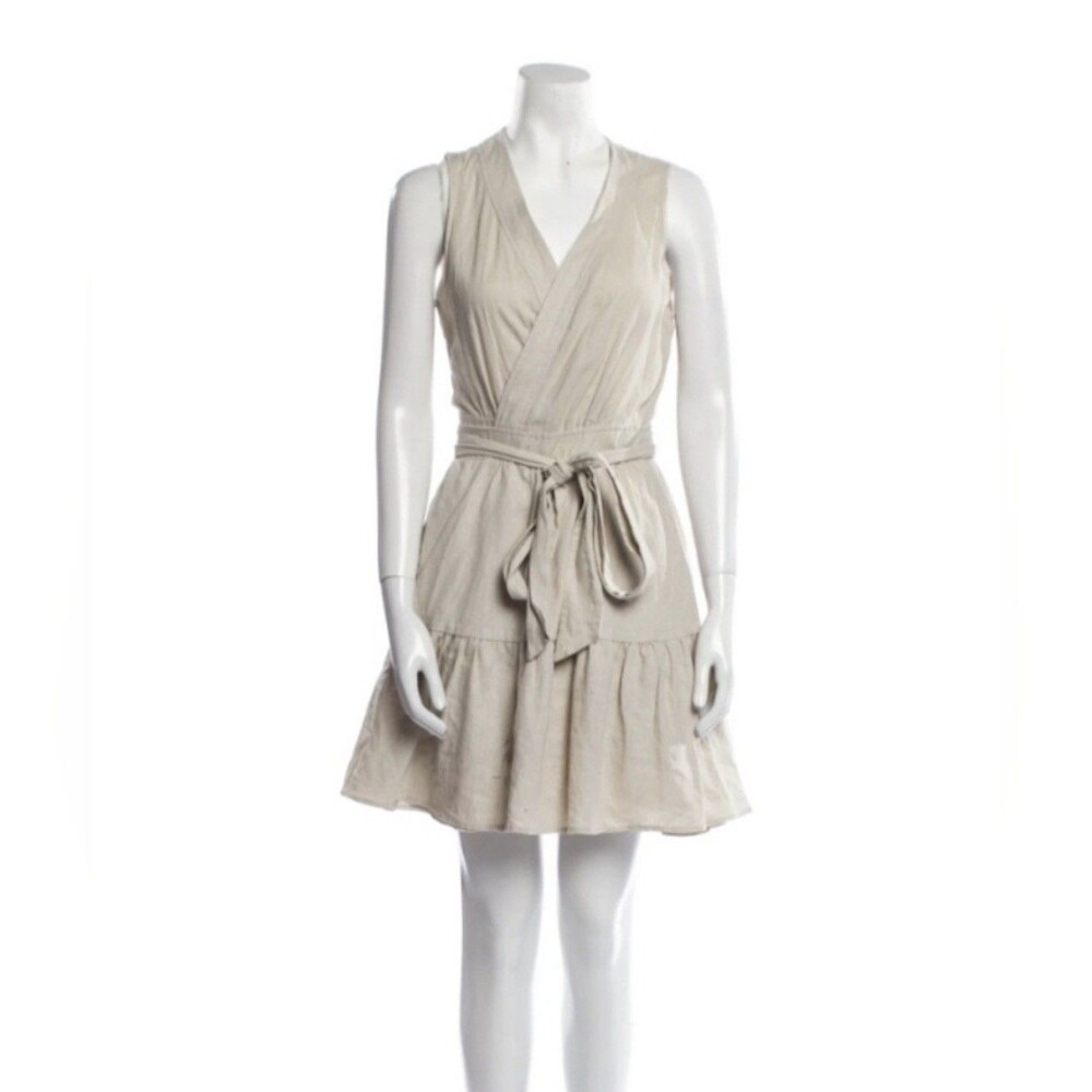 Christian Lacroix Linen Blend Wrap Mini Dress Tiered Ruffle Hem Beige Size Large